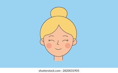 Minimalist vector portrait of a happy smiling young blonde woman with hair bun on a vibrant light blue background.