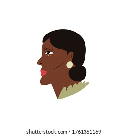 Minimalist vector portrait of a lady with black skin. Profile portrait of a woman in green clothes.