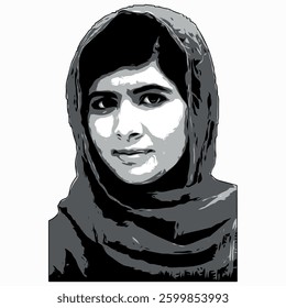 Minimalist Vector Portrait of Malala Yousafzai. 
This elegant illustration captures her iconic features, including her warm smile and traditional headscarf.