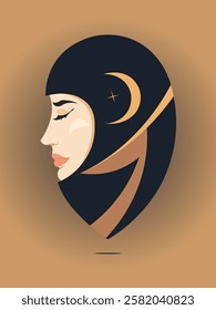 A minimalist vector portrait of a serene woman with a crescent moon motif. Perfect for branding, beauty, fashion, spirituality, digital art, profile icons, and editorial illustrations.