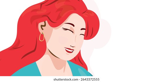 Retrato de vetor minimalista de uma mulher sorridente com cabelo vermelho ondulado longo. Ela usa uma camiseta azul e joias de brinco de ouro. Plano de fundo ou plano de fundo para pôster, página da Web, elemento de promoção