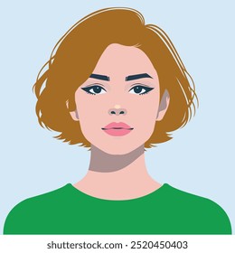 Um retrato vetorial minimalista de uma jovem mulher com cabelo loiro curto e pele clara, vestindo um top verde. A ilustração destaca sua expressão calma, um olhar moderno e elegante.