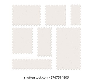 Minimalist vector postage blank stamps templates collection in various rectangular shapes on grainy paper background for mail branding, scrapbooking, labels, tags, greeting cards, invitations