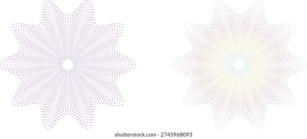 Minimalist Vector Radial Dot Pattern Mandalas with Vibrant Gradient Colors and Intricate Circular Symmetrical Star Shapes for Modern Graphic Design