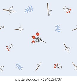 Minimalist vector repeat showing red berries and snow-dusted twigs on light blue. Ideal for seasonal textiles and wrapping.