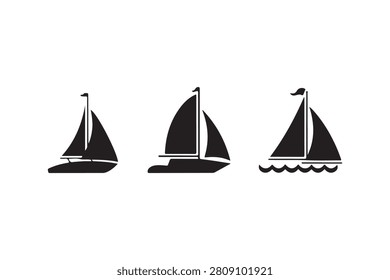 Minimalist vector sailboat icons with bold shapes, clean outlines, and solid fills. Calm, nautical mood for marine branding, travel graphics, and app or website pictograms.