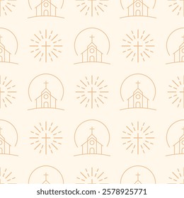 Minimalist vector seamless pattern with church and cross symbols. Beige religious background with linear elements