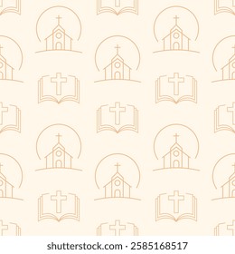 Minimalist vector seamless pattern with church, cross and bible symbols. Beige religious background with linear elements