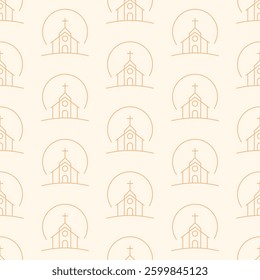 Minimalist vector seamless pattern with church icons Beige religious background with linear elements