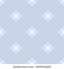 Minimalistisches, nahtloses Vektormuster mit floralem ethnischem Motiv. Modernes geometrisches Ornament. Abstrakte blaue und weiße Hintergrundtextur mit einfachen Blumensilhouetten, stilisierten Schneeflocken. Wiederholter Entwurf