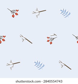 Minimalist vector seamless pattern with snowy red berries, brown twigs, and frosty leaves on light blue.