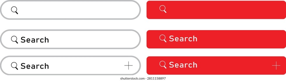 Minimalist vector search bar designs with red and white backgrounds