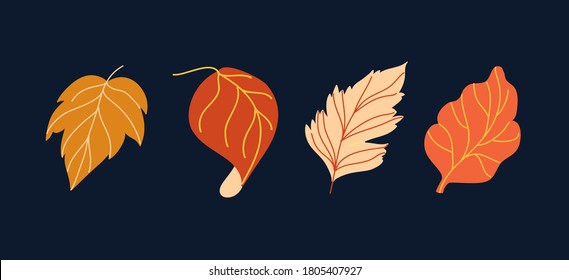 Minimalist vector set of autumn leaves on dark background. Different fallen leaves in yellow, brown, ocher and orange colors. Decorative element. Fall.