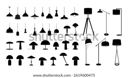 Minimalist vector set of black lamps. Includes floor, table, and hanging lights. Perfect for home, office, interior decoration, and furniture illustrations.