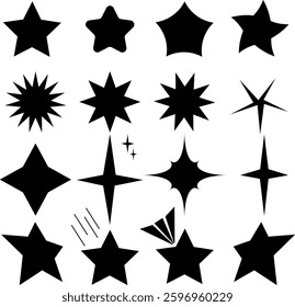 Minimalist vector set of black stars on a clean white background. Perfect for design projects, illustrations, and creative themes. Simple yet versatile