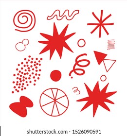 Minimalist vector set of different geometric shapes. Star, dots, wave, zigzag, triangle, circle, spiral, lines. Abstract elements on white background.