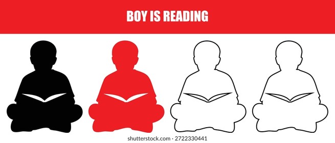 Minimalistisches Vektorset mit Silhouetten- und Linienkunstsymbolen eines kleinen Jungen, der ein Buch für Bildung, Alphabetisierung, Bibliotheksbranding, Grafikdesign-Projekte in Schulen und Schnittstellenelemente für das digitale Lernen von Schülern liest