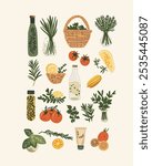 Minimalist vector set of fresh herbs, tomatoes, and kitchen ingredients, perfect for healthy eating campaigns and natural food branding.