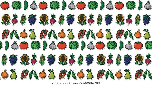 Minimalist vector set of fruits and vegetables including tomato, cabbage, cucumber, onion, garlic, sunflower, radish, corn, pea, grapes, cherry tomato branch, and pear. Cute and clean design.