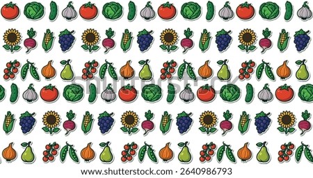 Minimalist vector set of fruits and vegetables including tomato, cabbage, cucumber, onion, garlic, sunflower, radish, corn, pea, grapes, cherry tomato branch, and pear. Cute and clean design.
