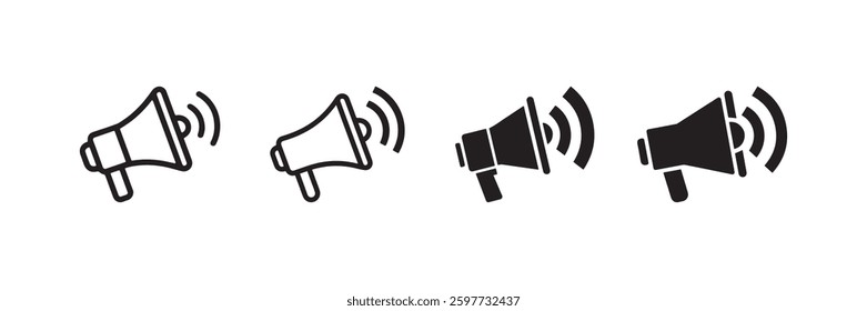 Minimalist vector set of megaphone icons in different styles perfect for marketing promotion advertising public announcements and communication graphics.
