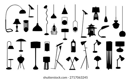 Conjunto de Vector minimalista de siluetas de lámpara modernas que incluyen escritorio de mesa de piso y luces colgantes aisladas sobre fondo blanco para uso de diseño de interiores.