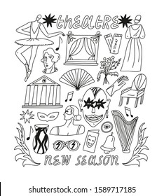 Minimalist vector set on the theme of theatre in black and white. Hand drawn illustration of different theatre symbols. Simple lined lettering. Line drawing.