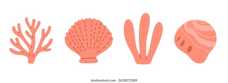 Minimalist vector set of pink underwater elements including corals, shells, and sea plants. Perfect for marine decorations, ocean-themed designs, and tropical projects.