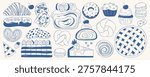 Minimalist vector set of popular desserts in blue line style. Hand drawn elements collection with donut, macaron, mille feuille, croissant, eclair, strudel, pastries for bakery menu and cafe design