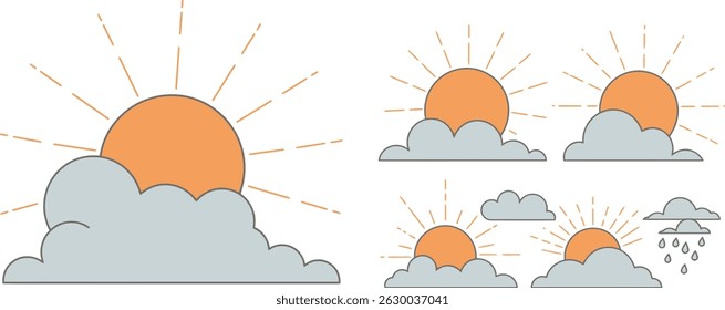 Minimalist Vector Set of Sun and Cloud Icons for Weather Apps and Forecast UI – Soft Pastel Colors, Editable Layers, Fully Scalable in EPS Format