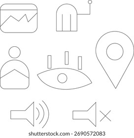 Vetor minimalista de ícones de linha fina, incluindo imagem, tecnologia AI, visão ocular, pin de localização, perfil do usuário, som e símbolos de mudo. Design limpo e moderno, adequado para web, interfaces de aplicativos,