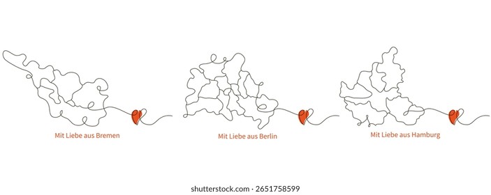 Vetor minimalista conjunto de três mapas da cidade-estado alemã Berlim, Hamburgo, Bremen com ícones do coração e texto alemão manuscrito Mit Liebe aus... sob cada mapa. Linhas pretas no fundo branco.