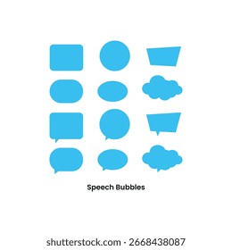 Ein minimalistischer Vektorsatz aus verschiedenen blauen Sprechblasen auf hellgrauem Hintergrund. Dieses saubere Design umfasst verschiedene Formen wie Quadrate, Kreise und Wolken, perfekt für Kommunikation, Chat