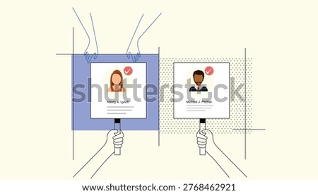 Minimalist vector showing digital voting, candidate selection, and ballot interface concept