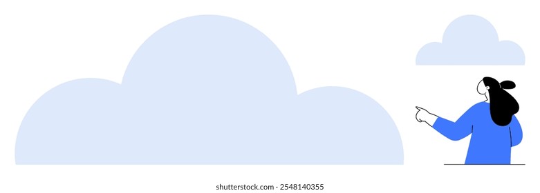 Vector minimalista que muestra a una persona en azul apuntando a una Grande nube con una Pequeña nube en el fondo. Ideal para temas de Clima, sueños, metas, simplicidad y conceptos relacionados con la naturaleza. Limpio