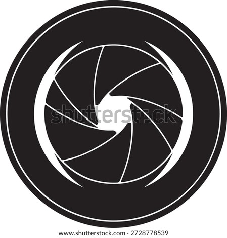 Minimalist vector silhouette of a camera lens aperture or shutter icon on a white background