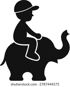 Minimalist Vector Silhouette of a Child Riding an Elephant Isolated on White Background