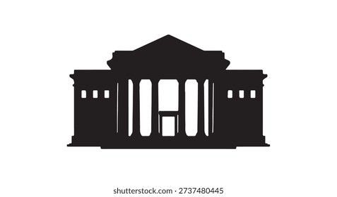 Minimalist vector silhouette of a classical building with columns, representing a bank, courthouse, university, or government institution.