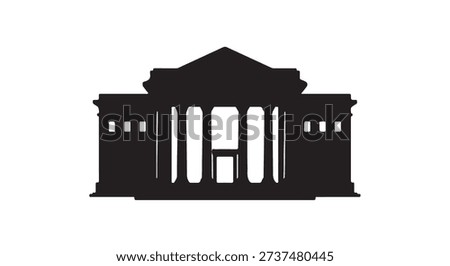 Minimalist vector silhouette of a classical building with columns, representing a bank, courthouse, university, or government institution.