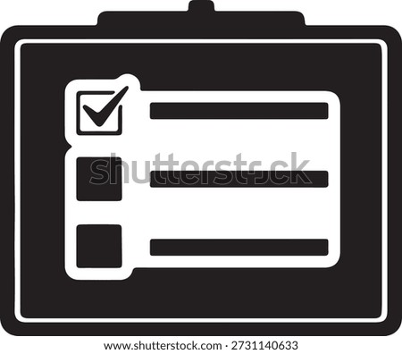 Minimalist vector silhouette of a clipboard with a checklist and one item checked off isolated on a white background