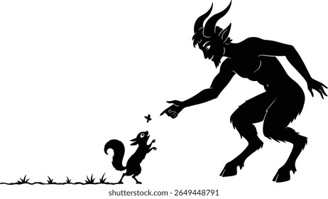 Minimalist vector silhouette of a demon and squirrel – unique black flat design illustration of fantasy characters – isolated graphic with elegant simple outline and whimsical, surreal concept

