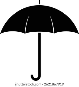 Una silueta de Vector minimalista representa un paraguas cerrado simple, con un mango curvo, dosel y tallo central delgado, establecido contra un fondo blanco limpio.