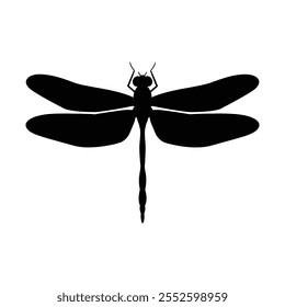 Minimalist vector silhouette of a dragonfly with spread wings, ideal for nature-themed designs, wildlife illustrations, and eco-friendly branding projects.