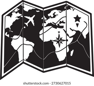 Minimalist vector silhouette of a folded world map featuring airplane and location markers