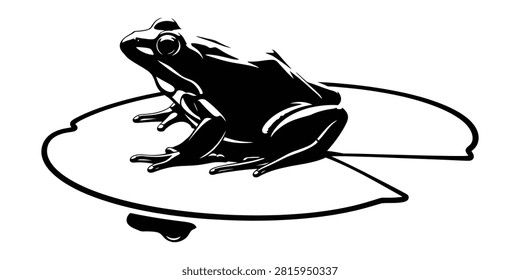 A minimalist vector silhouette of a frog perched on water lily leaf symbolizing nature and tranquility. Ideal for environmental campaigns.