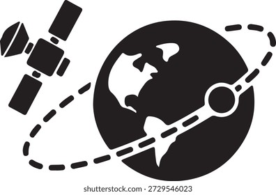 Minimalist vector silhouette of a globe with an orbiting satellite isolated on a white background