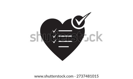 Minimalist vector silhouette of a heart shape containing lines and a checkmark, representing a health checkup, favorites list, or wellness goals.