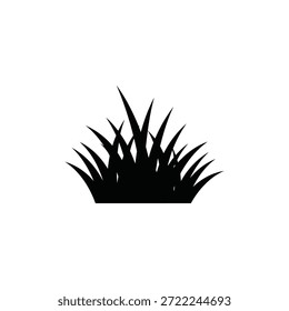 A minimalist vector silhouette illustration showcasing a tuft of grass. The image features a solid black shape representing several blades of grass clustered together, set against a plain white background. The design is clean and iconic, suitable for use as a graphic element, logo, or decorative icon in projects related to nature, gardening, or environmental themes. The sharp, upward-pointing blades create a sense of growth and vitality, while the simplicity of the black-and-white contrast ensures versatility in various design applications.