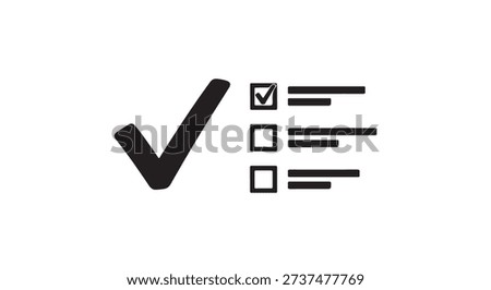 Minimalist vector silhouette of a large checkmark beside a list, representing a completed task or survey.