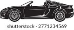Minimalist vector silhouette of a lightweight open cockpit track speedster with an aggressive mid engine racing profile.